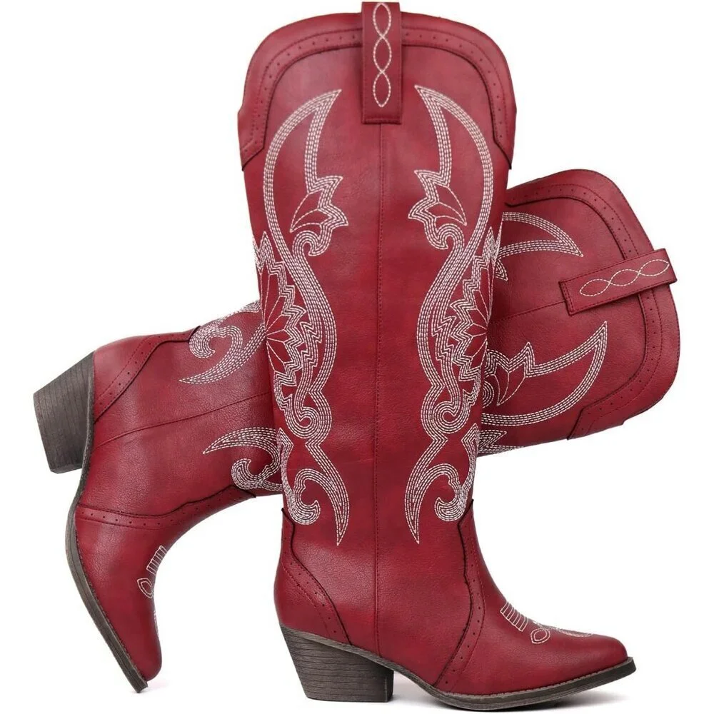 Women's Red Faux Leather Pointed Toe and Block Heel Classic Embroidered Boot
